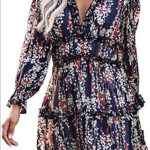 Dokotoo Womens Deep V-neck Ruffle Long Sleeve Floral Print Mini Dress XL